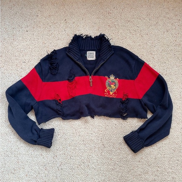 Ralph Lauren Navy and Red Knit Striped Sweater Cotton size M Quarter Zip - Picture 3 of 7